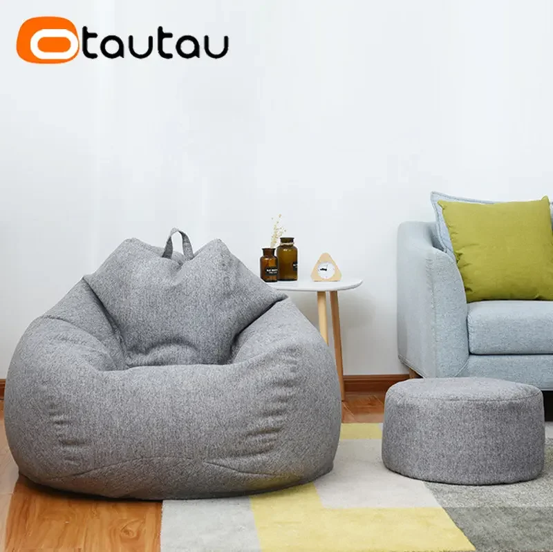 OTAUTAU Round Stool D30cm*H20cm Linen Bean Bag Ottoman with Filling Beanbag Pouf Footstool Tatami Futon Puff JD001