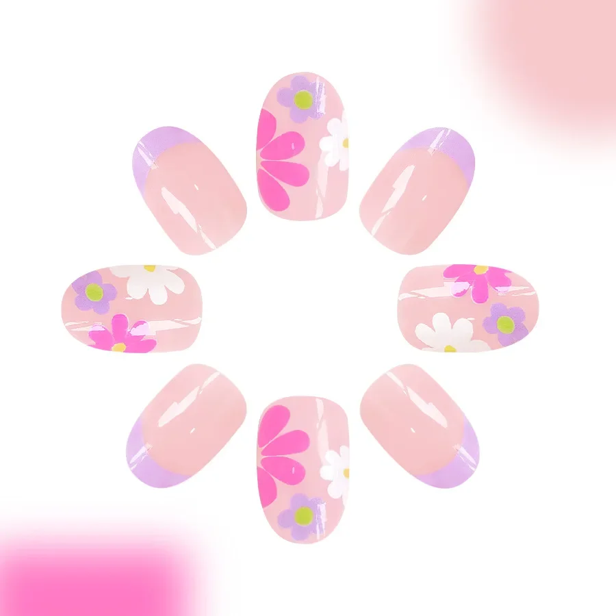 24Pcs Short Almond Press-On Nails Pink Floral French Tip Glossy&Elegant Full Cover Fake Nails for Women&Girls Spring,Daily Wear