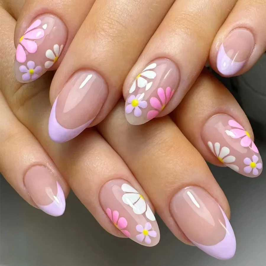 24Pcs Short Almond Press-On Nails Pink Floral French Tip Glossy&Elegant Full Cover Fake Nails for Women&Girls Spring,Daily Wear