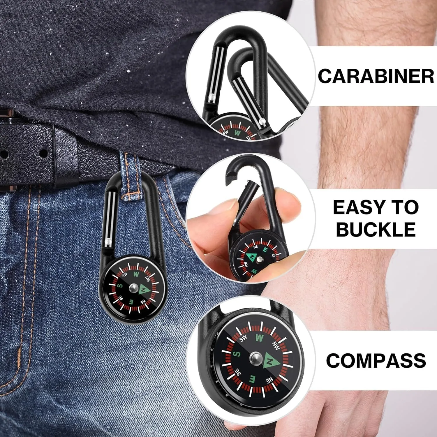 ZHUOHUA 1Pc Compass Thermometer Carabiner 3 in 1 Mini Compass Carabiner Clip Outdoor Hiking Survival Key Ring Double Sided Metal