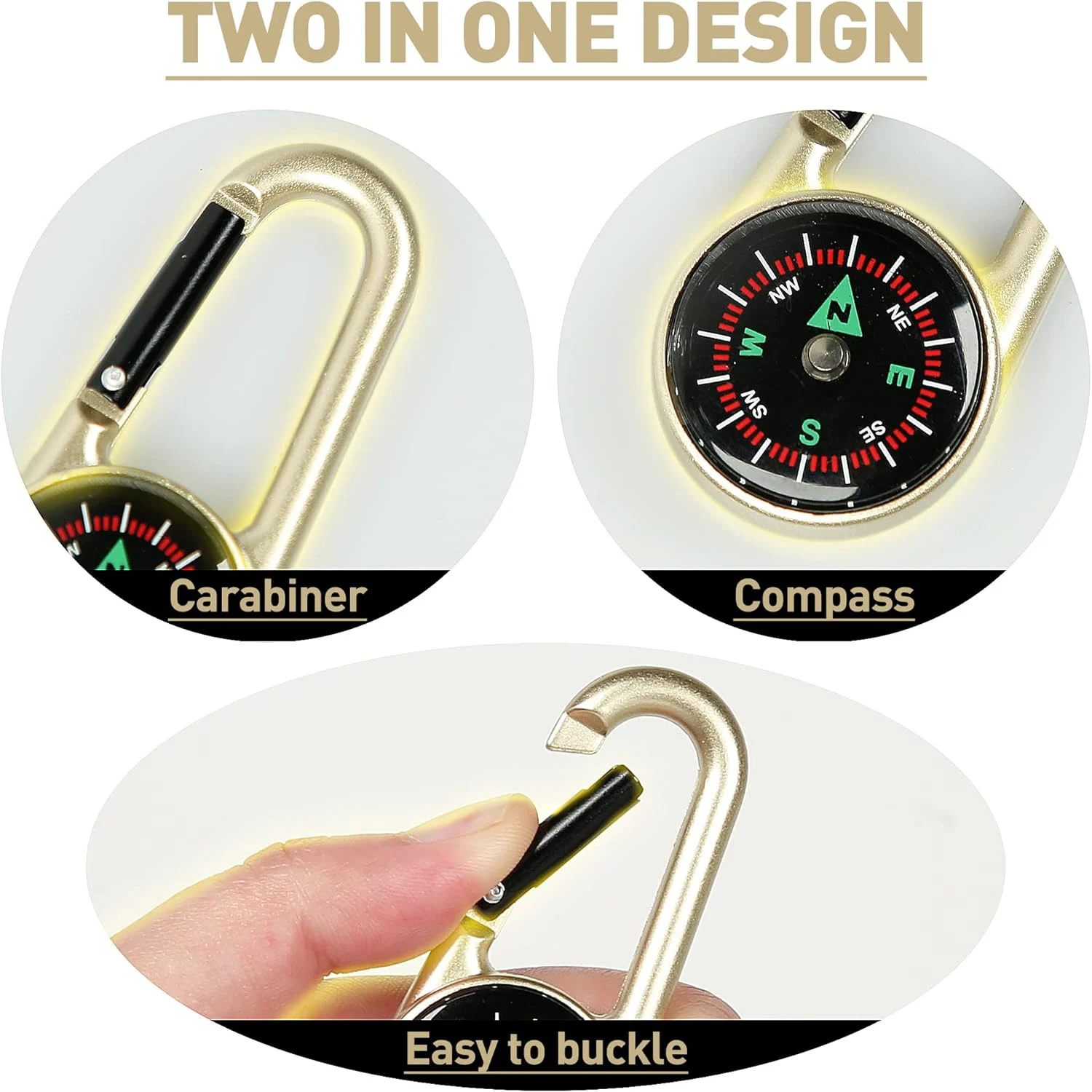 ZHUOHUA 1Pc Compass Thermometer Carabiner 3 in 1 Mini Compass Carabiner Clip Outdoor Hiking Survival Key Ring Double Sided Metal