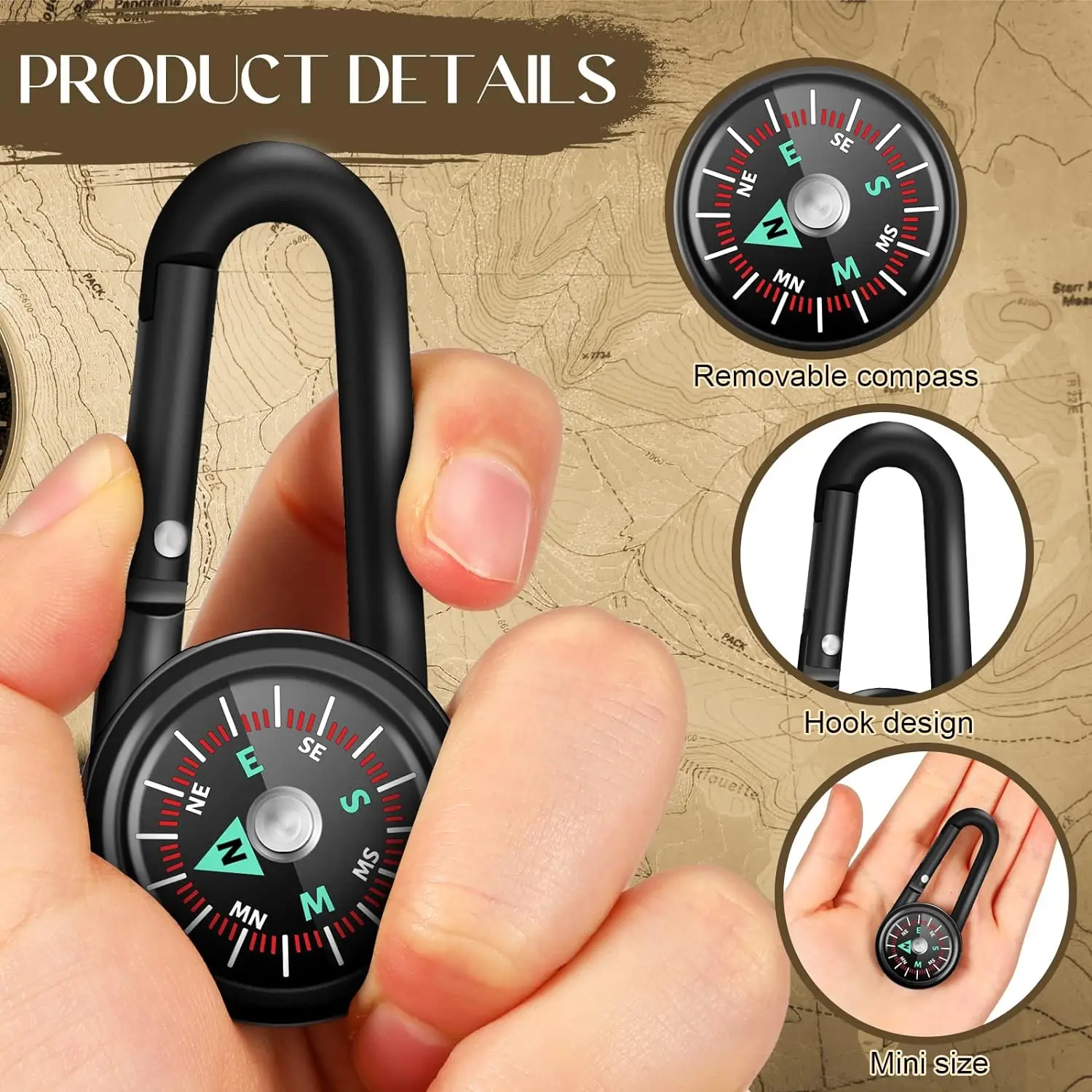 ZHUOHUA 1Pc Compass Thermometer Carabiner 3 in 1 Mini Compass Carabiner Clip Outdoor Hiking Survival Key Ring Double Sided Metal