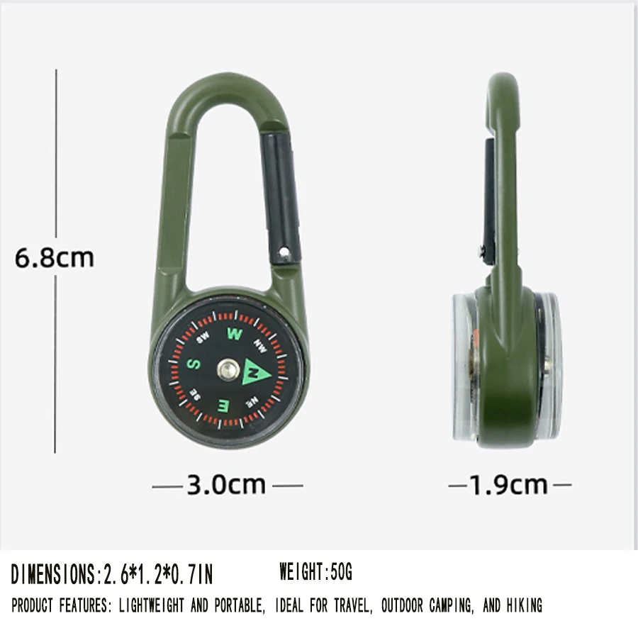 ZHUOHUA 1Pc Compass Thermometer Carabiner 3 in 1 Mini Compass Carabiner Clip Outdoor Hiking Survival Key Ring Double Sided Metal