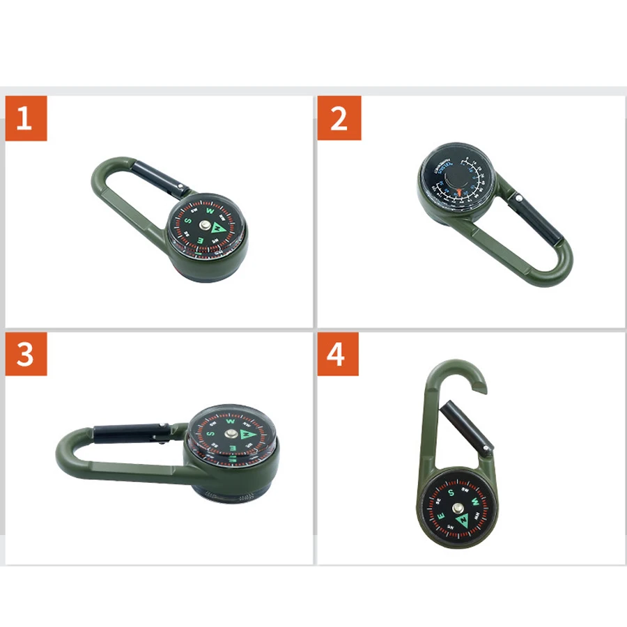 ZHUOHUA 1Pc Compass Thermometer Carabiner 3 in 1 Mini Compass Carabiner Clip Outdoor Hiking Survival Key Ring Double Sided Metal