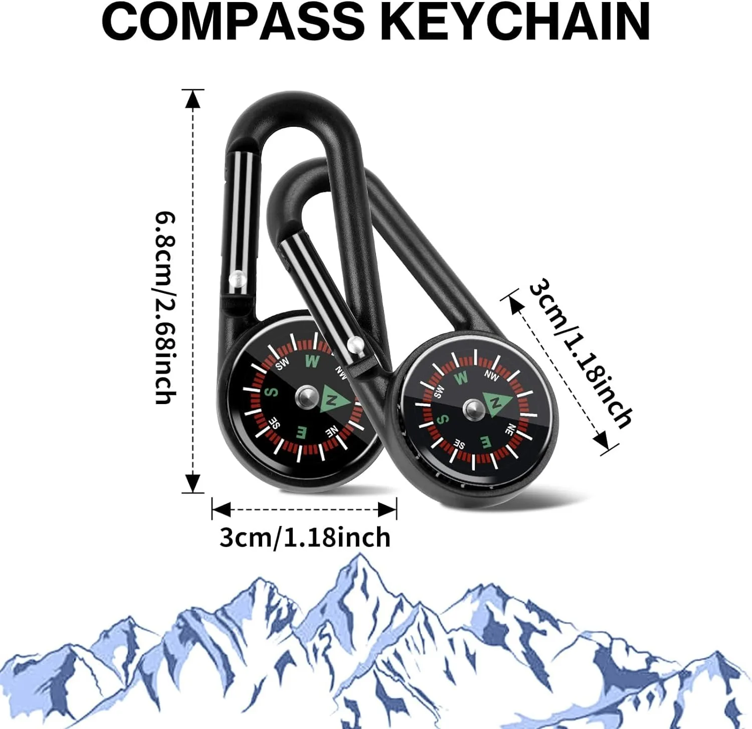 ZHUOHUA 1Pc Compass Thermometer Carabiner 3 in 1 Mini Compass Carabiner Clip Outdoor Hiking Survival Key Ring Double Sided Metal