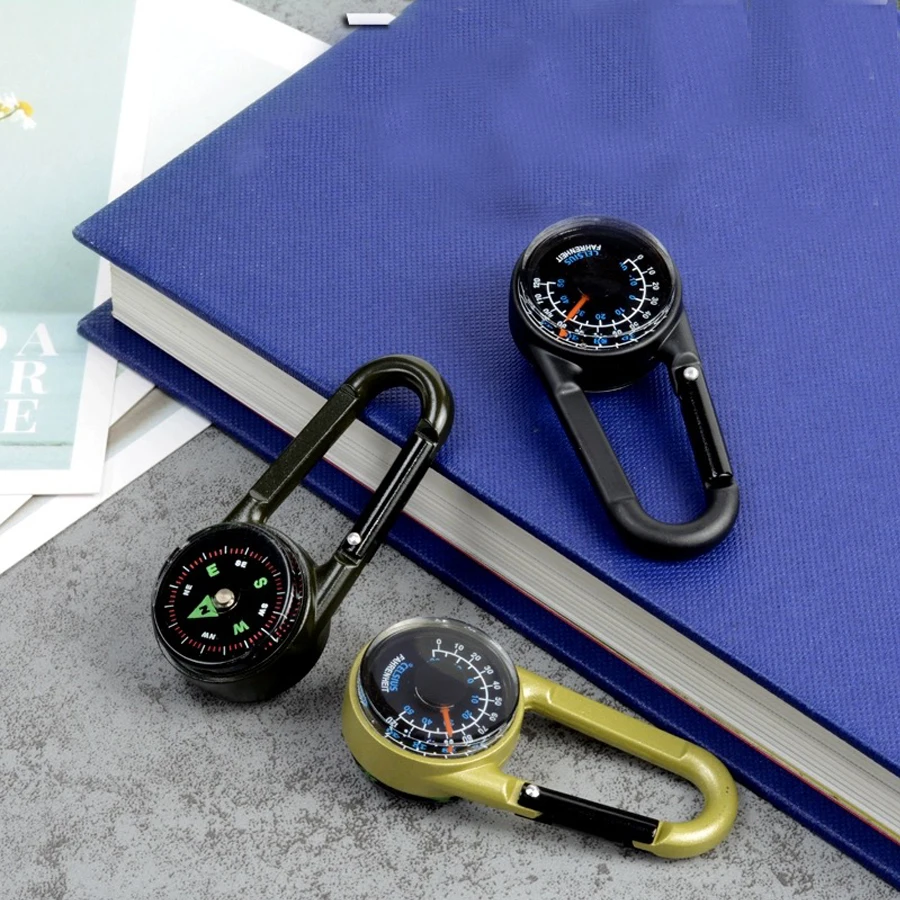 ZHUOHUA 1Pc Compass Thermometer Carabiner 3 in 1 Mini Compass Carabiner Clip Outdoor Hiking Survival Key Ring Double Sided Metal