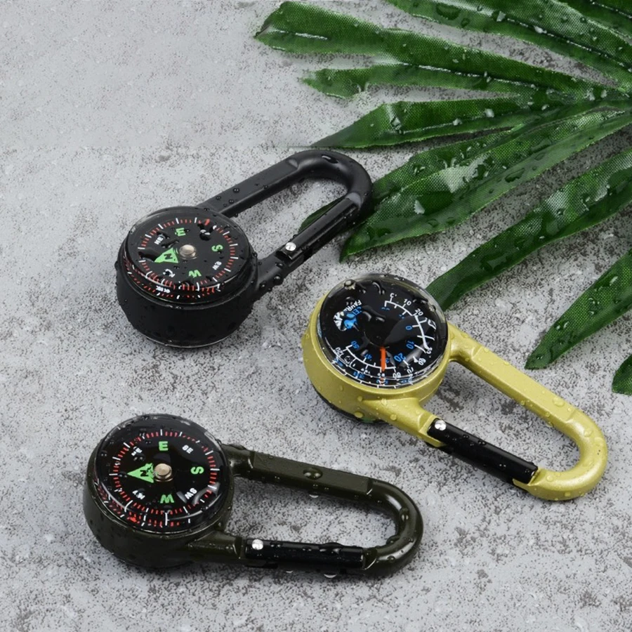 ZHUOHUA 1Pc Compass Thermometer Carabiner 3 in 1 Mini Compass Carabiner Clip Outdoor Hiking Survival Key Ring Double Sided Metal