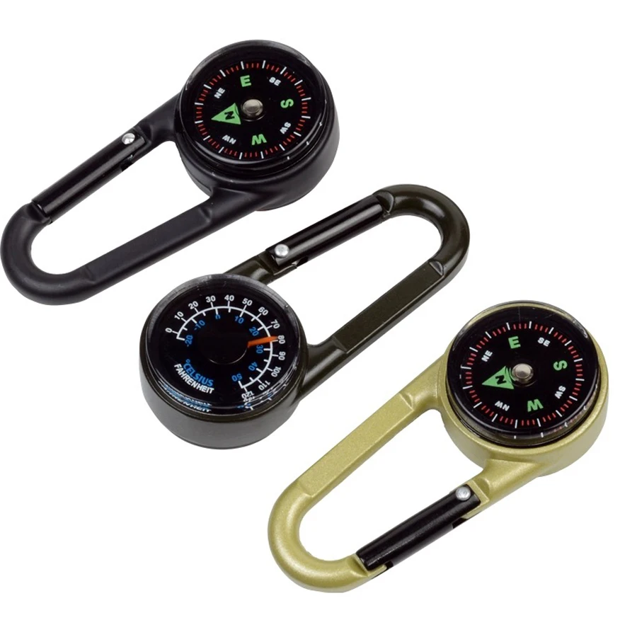 ZHUOHUA 1Pc Compass Thermometer Carabiner 3 in 1 Mini Compass Carabiner Clip Outdoor Hiking Survival Key Ring Double Sided Metal