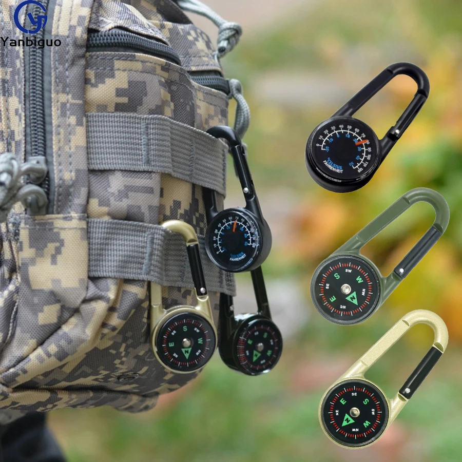 ZHUOHUA 1Pc Compass Thermometer Carabiner 3 in 1 Mini Compass Carabiner Clip Outdoor Hiking Survival Key Ring Double Sided Metal