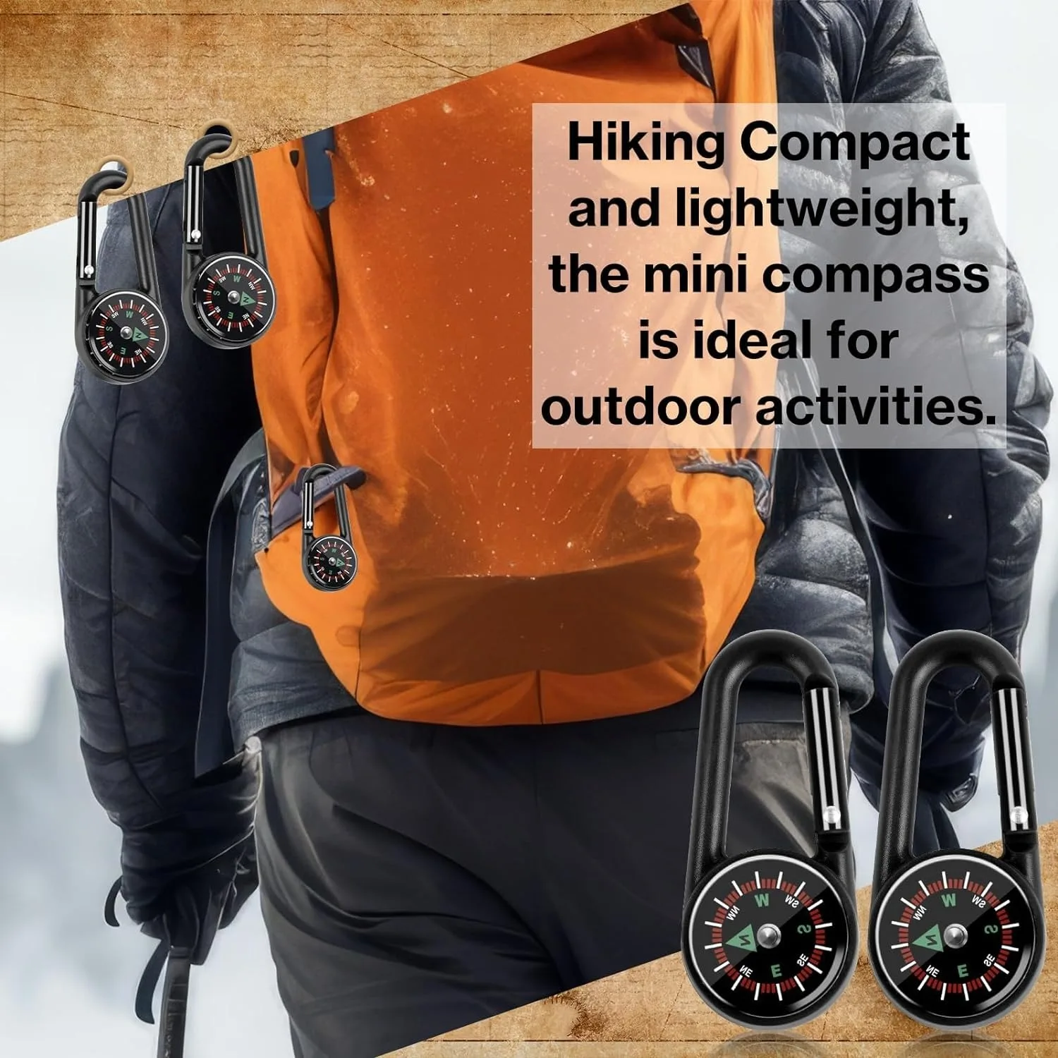 ZHUOHUA 1Pc Compass Thermometer Carabiner 3 in 1 Mini Compass Carabiner Clip Outdoor Hiking Survival Key Ring Double Sided Metal