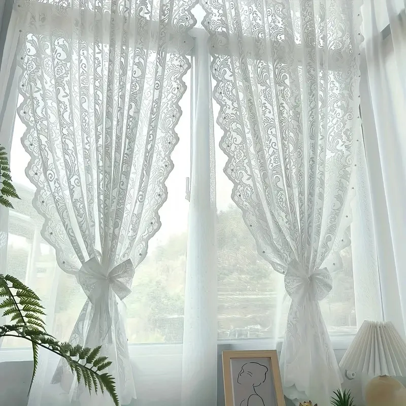 French White Vintage Warp Knitted Lace Beaded Gauze Curtains in the Living Room, Bedroom Bay Window Partition, Wave Lace, Korean