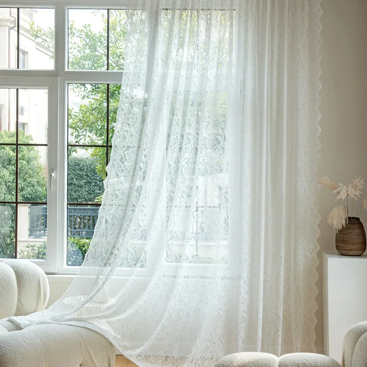 French White Vintage Warp Knitted Lace Beaded Gauze Curtains in the Living Room, Bedroom Bay Window Partition, Wave Lace, Korean