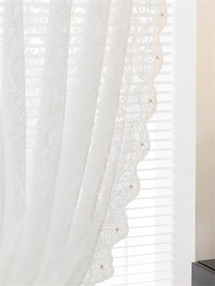 French White Vintage Warp Knitted Lace Beaded Gauze Curtains in the Living Room, Bedroom Bay Window Partition, Wave Lace, Korean