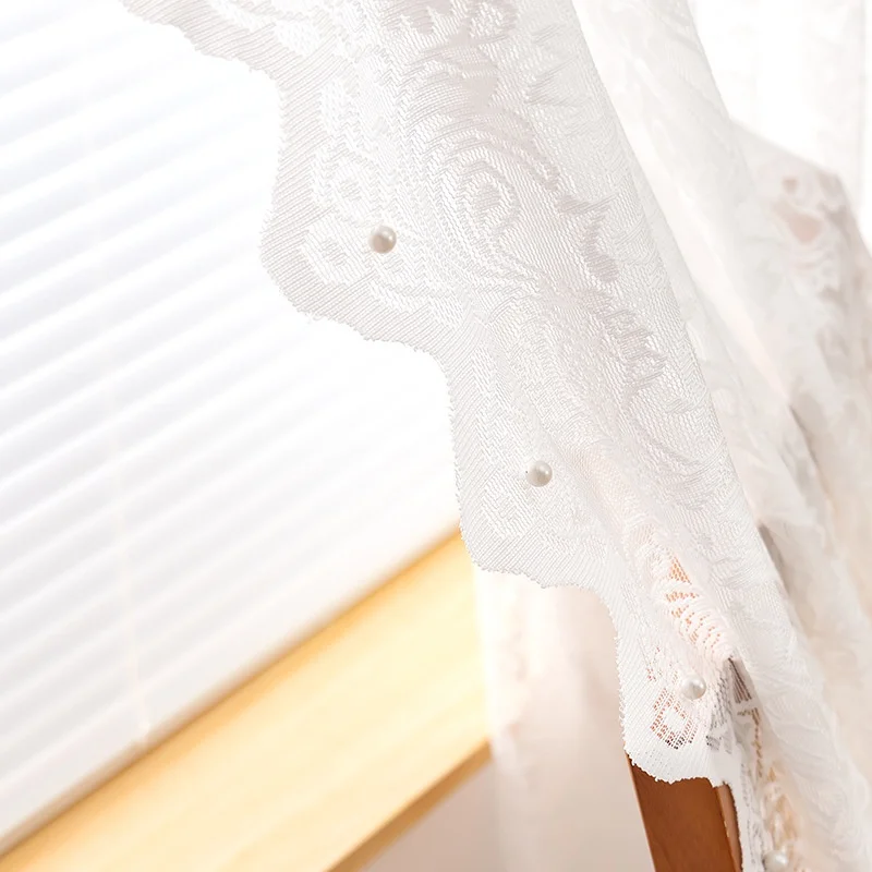 French White Vintage Warp Knitted Lace Beaded Gauze Curtains in the Living Room, Bedroom Bay Window Partition, Wave Lace, Korean
