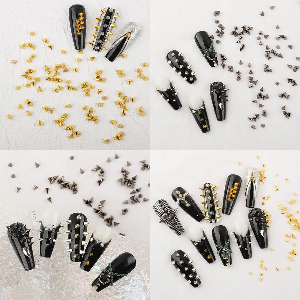 300Pcs/Box Nail Art Punk Charms Cone Metalic Spike Studs Sliver Black Gold Nail Art Tiny Stick Alloy Rivet Studs Decoration DIY