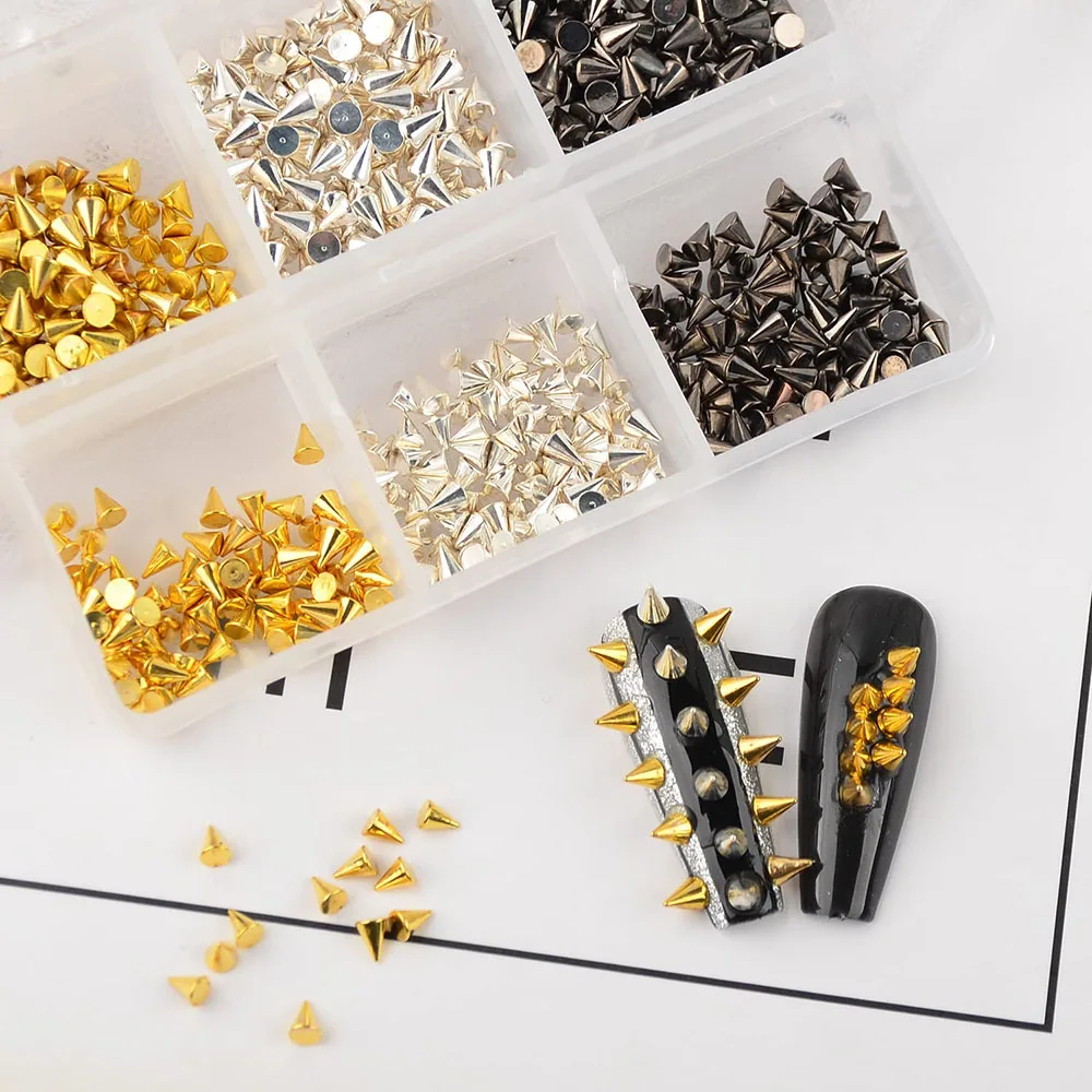 300Pcs/Box Nail Art Punk Charms Cone Metalic Spike Studs Sliver Black Gold Nail Art Tiny Stick Alloy Rivet Studs Decoration DIY