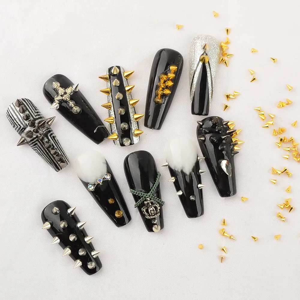 300Pcs/Box Nail Art Punk Charms Cone Metalic Spike Studs Sliver Black Gold Nail Art Tiny Stick Alloy Rivet Studs Decoration DIY