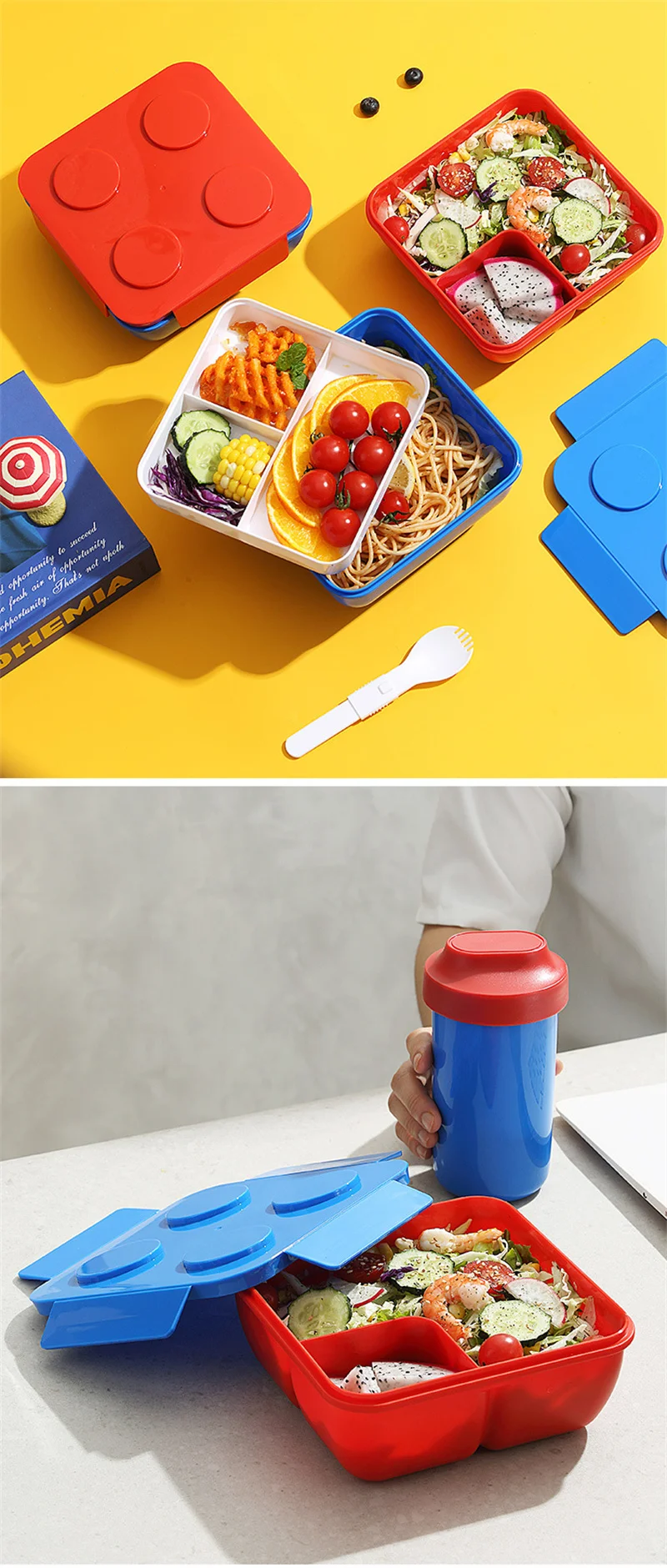 JUSTINLAU Portable Sealed Lunch Box Color Building Blocks Splicing Children's Student Bento Box Fruit Salad Storage Container
