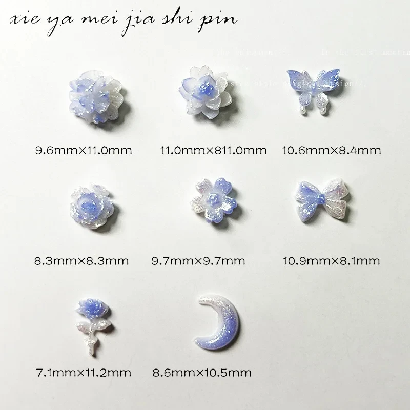 50pcs New Blue Series Nail Accessories Elegant Night Glow Flower Moon Butterfly Nail Charms Jewelry Mixed DIY Cute Nail Art Deco