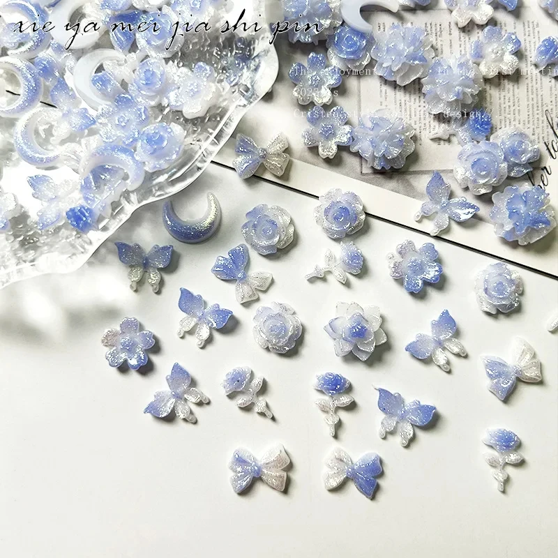 50pcs New Blue Series Nail Accessories Elegant Night Glow Flower Moon Butterfly Nail Charms Jewelry Mixed DIY Cute Nail Art Deco