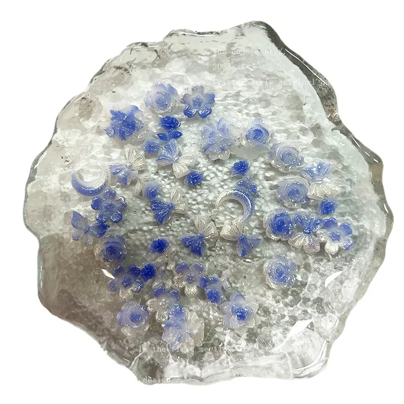 50pcs New Blue Series Nail Accessories Elegant Night Glow Flower Moon Butterfly Nail Charms Jewelry Mixed DIY Cute Nail Art Deco
