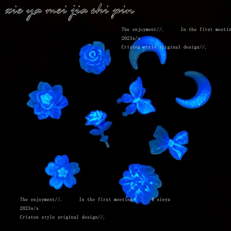 50pcs New Blue Series Nail Accessories Elegant Night Glow Flower Moon Butterfly Nail Charms Jewelry Mixed DIY Cute Nail Art Deco