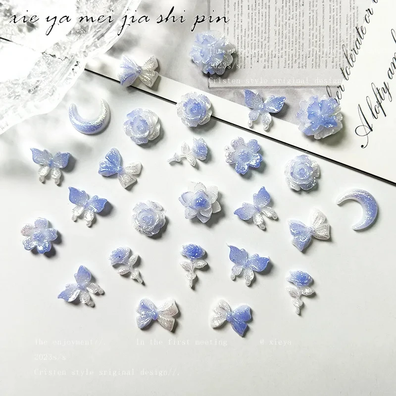 50pcs New Blue Series Nail Accessories Elegant Night Glow Flower Moon Butterfly Nail Charms Jewelry Mixed DIY Cute Nail Art Deco