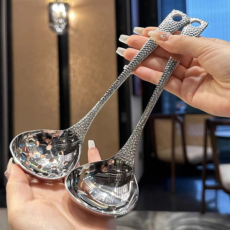 Stainless Steel Soup Ladle Deep Large Capacity Mirror Polished Serving Spoon for Ramen Rice Soup, Solid & Slotted Bowl