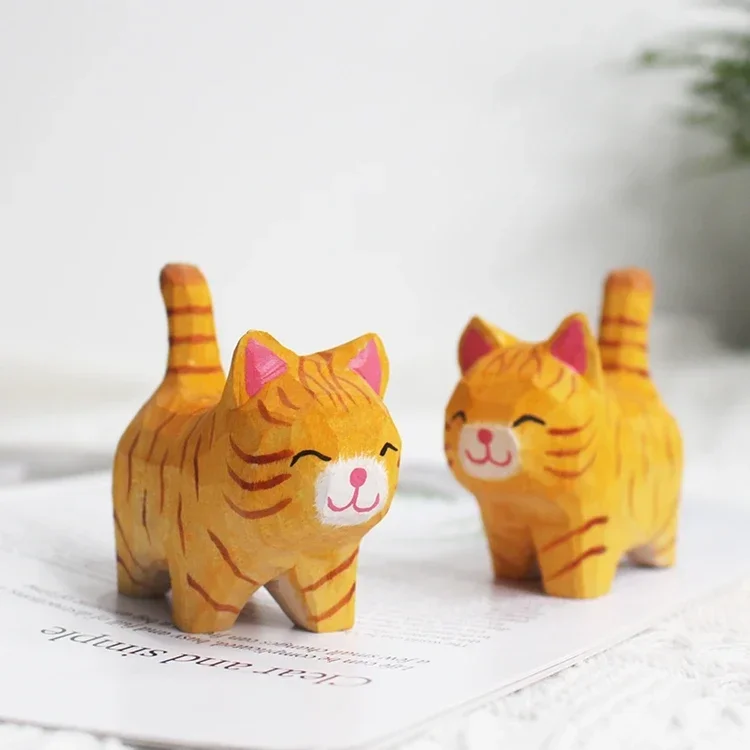 Handmade Wood Carving Kitten Ornaments Small Animal Creative Desktop Wood Cat Decoration Crafts