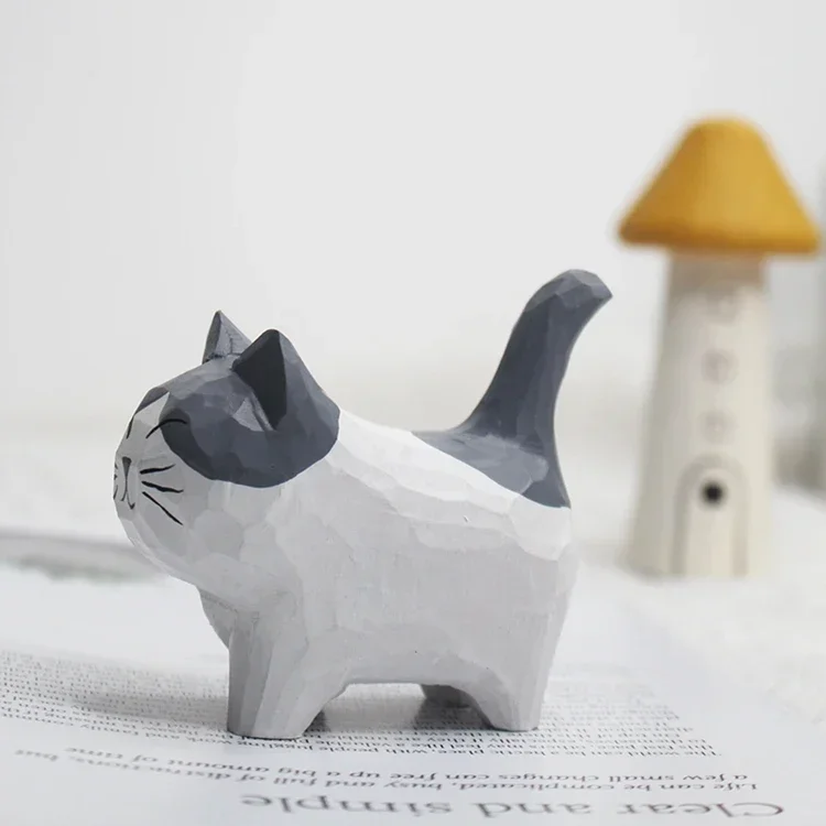 Handmade Wood Carving Kitten Ornaments Small Animal Creative Desktop Wood Cat Decoration Crafts