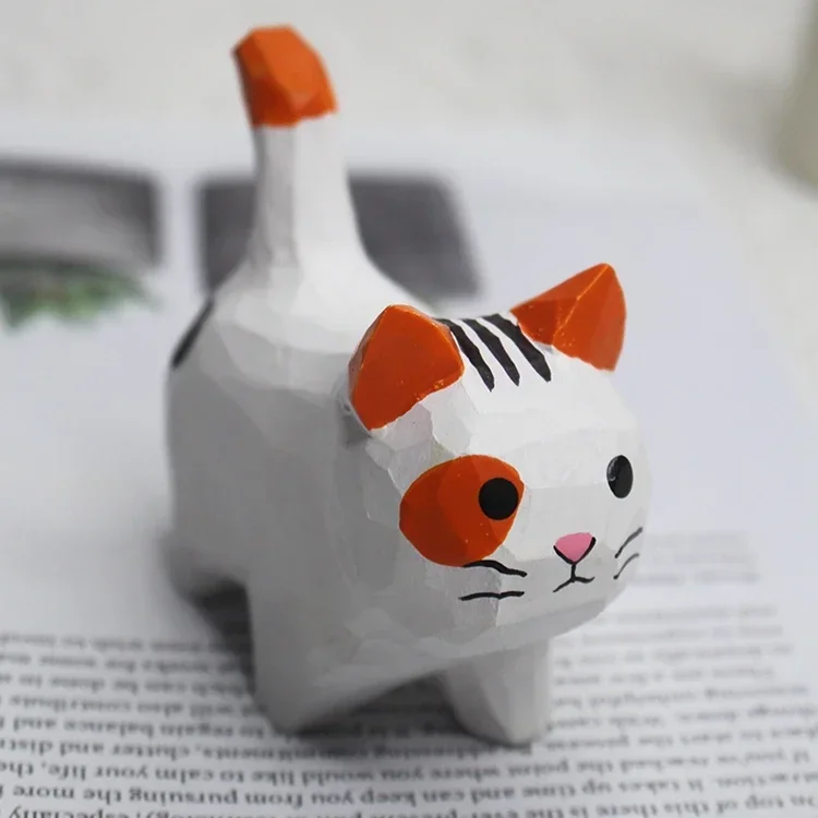 Handmade Wood Carving Kitten Ornaments Small Animal Creative Desktop Wood Cat Decoration Crafts