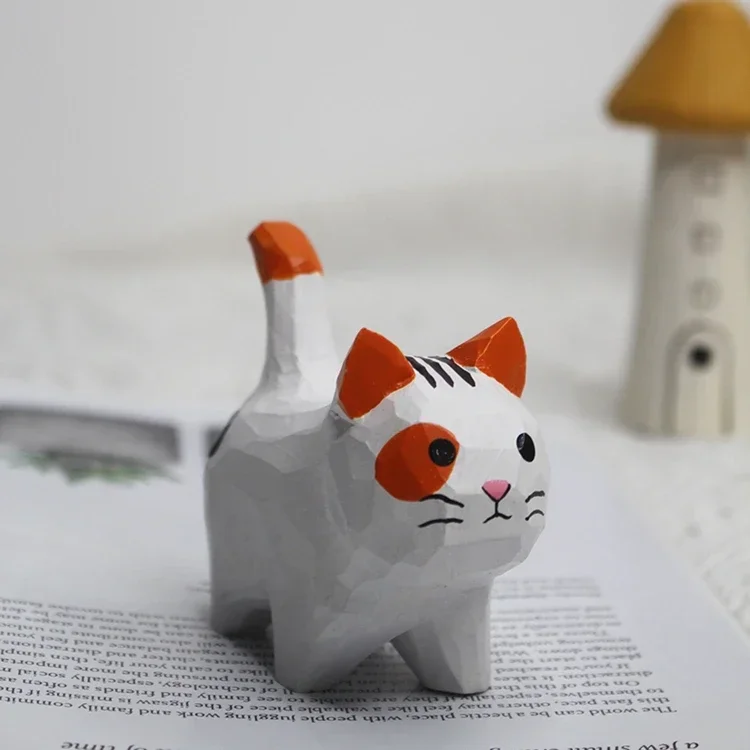 Handmade Wood Carving Kitten Ornaments Small Animal Creative Desktop Wood Cat Decoration Crafts