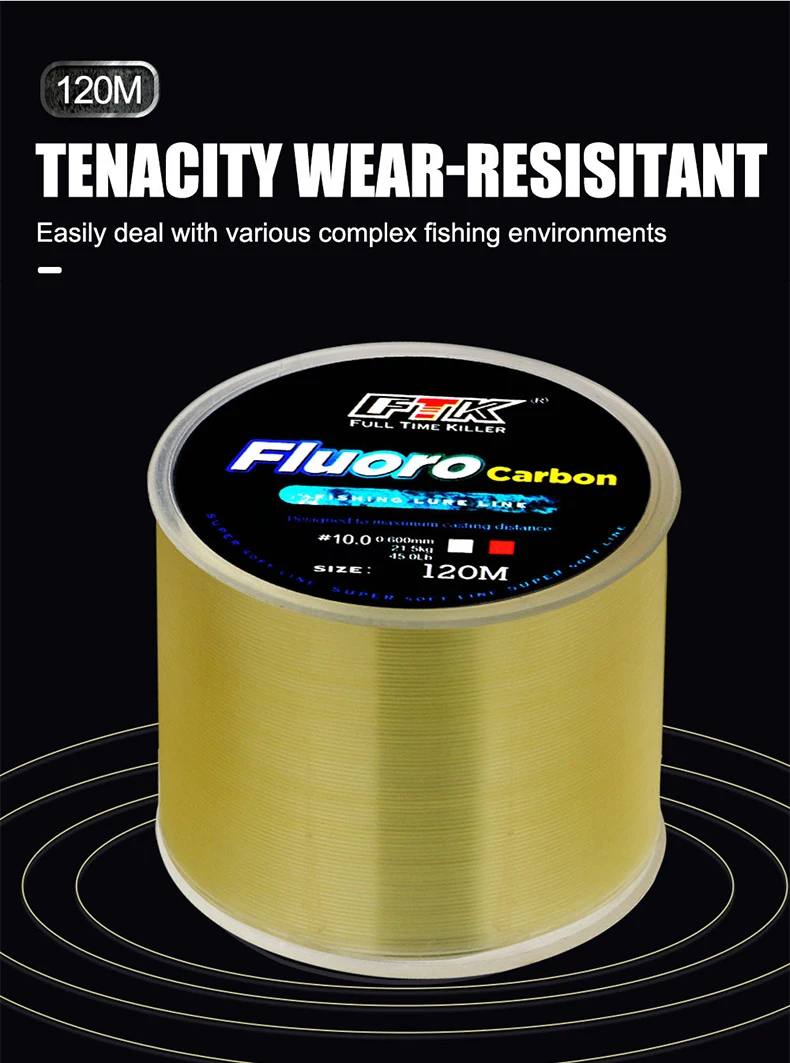 FTK 120m Fishing Line 0.2mm-0.6mm 7.15LB-45LB Fluorocarbon Coating Treatment Process Carbon Surface Nylon Molecules