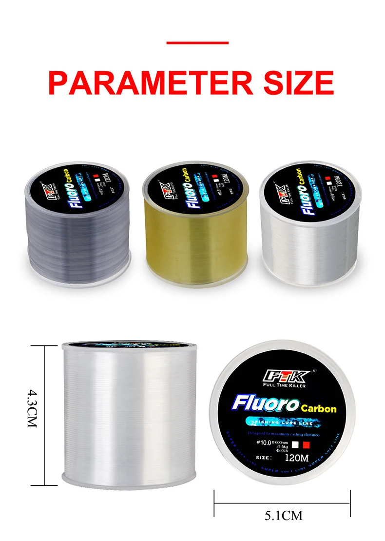 FTK 120m Fishing Line 0.2mm-0.6mm 7.15LB-45LB Fluorocarbon Coating Treatment Process Carbon Surface Nylon Molecules