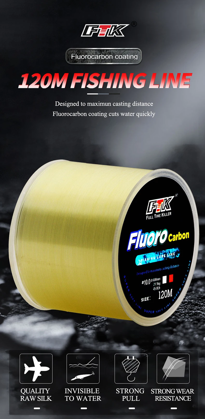 FTK 120m Fishing Line 0.2mm-0.6mm 7.15LB-45LB Fluorocarbon Coating Treatment Process Carbon Surface Nylon Molecules