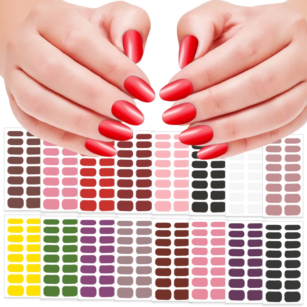 16Tips Semi-Cured Gel Nail Sticker Pure Color UV/LED Lamp Gel Nail Polish Wraps Long-Lasting Full Cover Gel Sticker Nail Decor##
