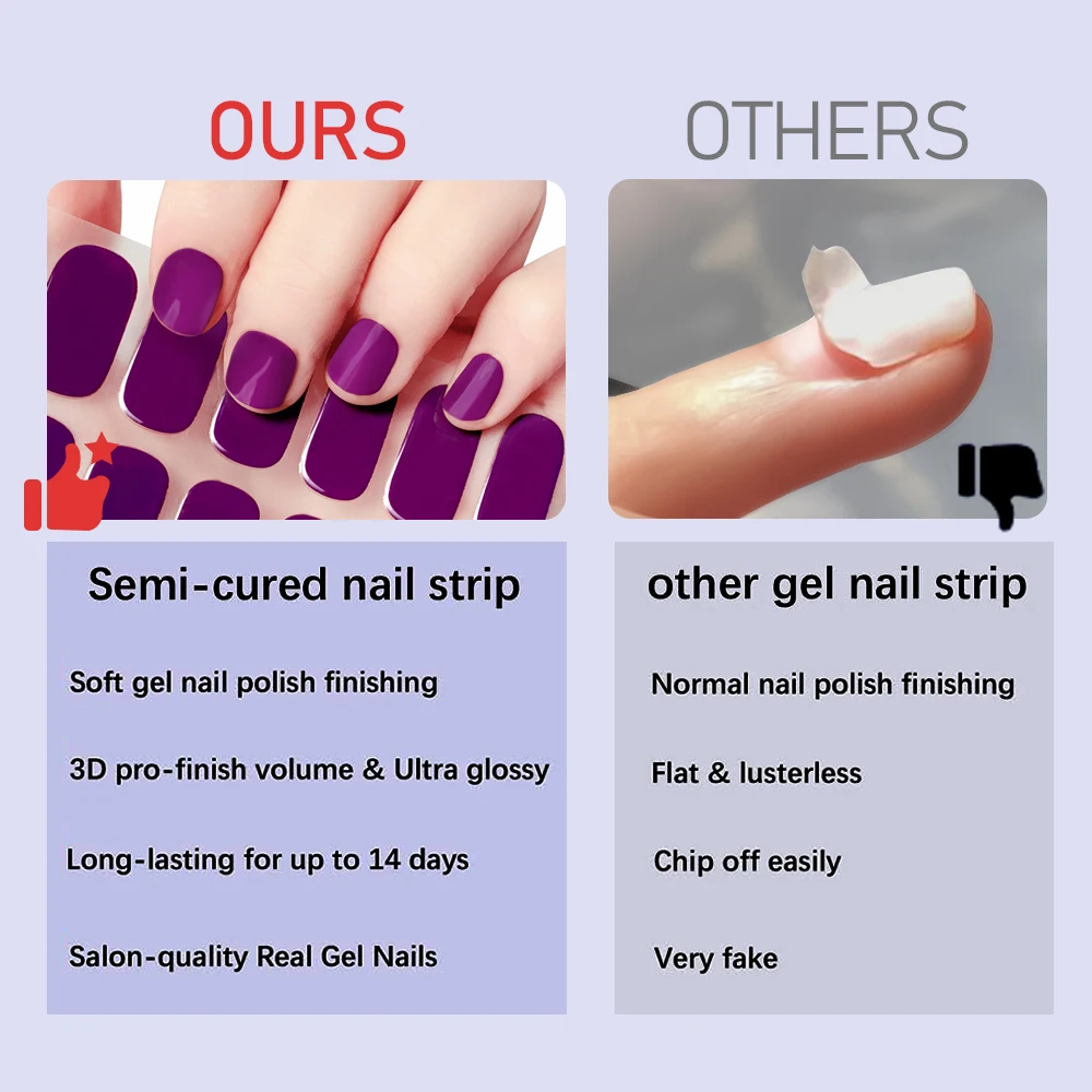 16Tips Semi-Cured Gel Nail Sticker Pure Color UV/LED Lamp Gel Nail Polish Wraps Long-Lasting Full Cover Gel Sticker Nail Decor##