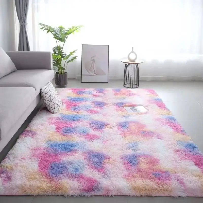 VIKAMA 1PC Silk Wool Rugs Children's Room Living Room Bedroom Tie-Dye Non-Slip Washable Machine Washable Carpet Mats