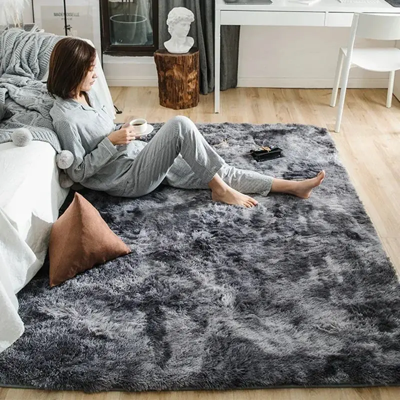 VIKAMA 1PC Silk Wool Rugs Children's Room Living Room Bedroom Tie-Dye Non-Slip Washable Machine Washable Carpet Mats