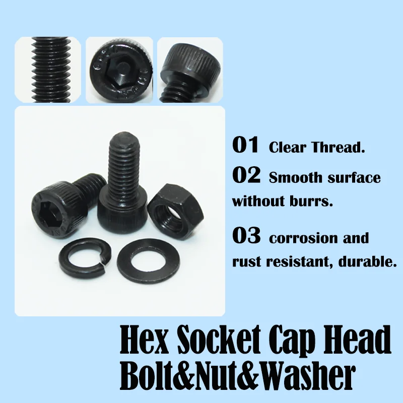 Hex Socket Screw Kit DIN912 Black Grade 12.9 Carbon Steel Hexagon Round Cap Allen Bolt Nut Washer M2 M3 M4 M5 M6 Machine Screws