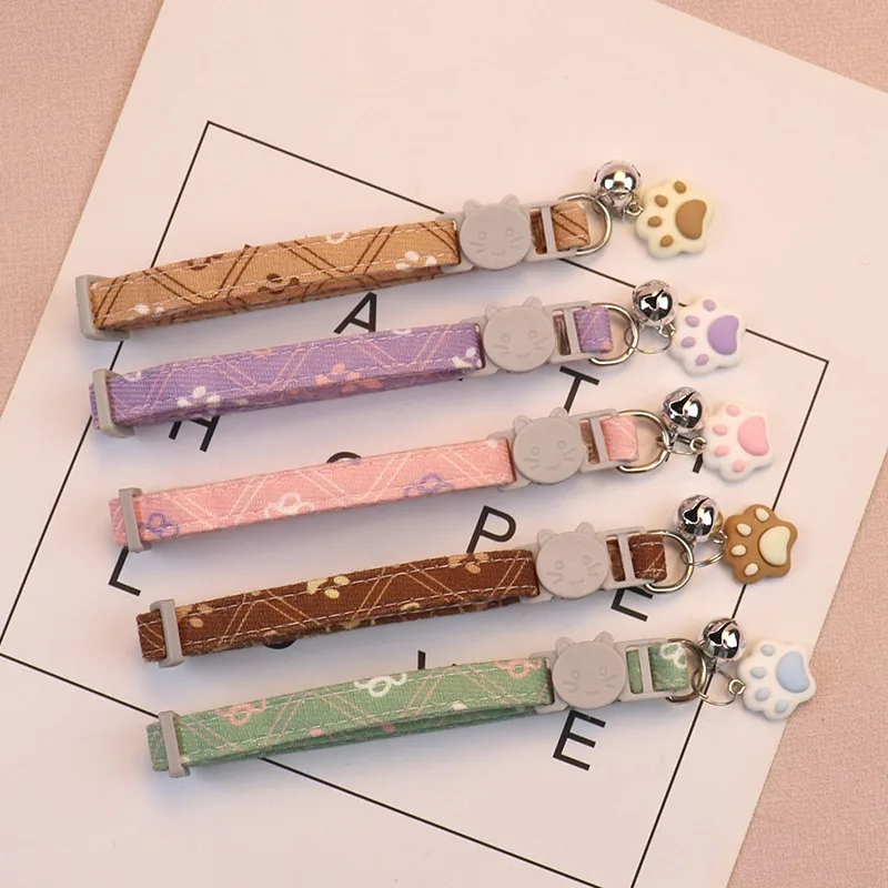 Pet Collar With Bell Cartoon Footprint Colorful Dog Puppy Kitten Collar Adjustable Safety Bell Ring Necklace Pet Accessories