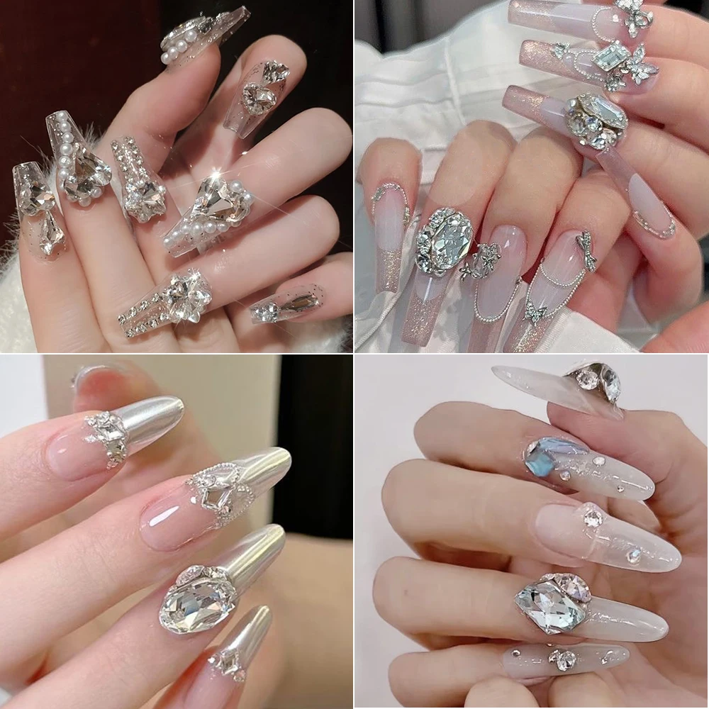 6 Grids Transparent Crystal Nail Pile Diamond Luxury Heart Square Nail Art Rhinestones Gems Sparkle Glass Nail Stones DIY Charms