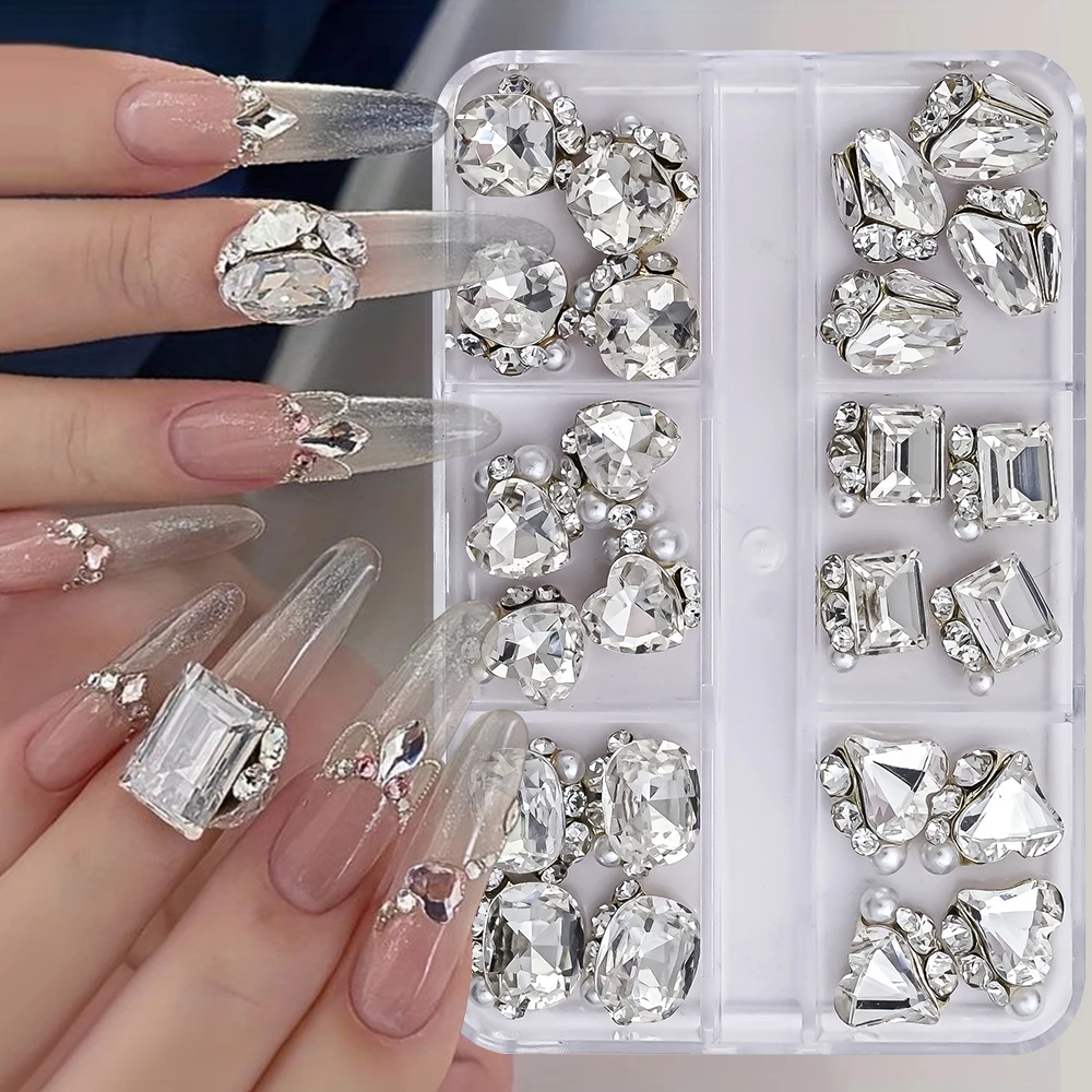 6 Grids Transparent Crystal Nail Pile Diamond Luxury Heart Square Nail Art Rhinestones Gems Sparkle Glass Nail Stones DIY Charms