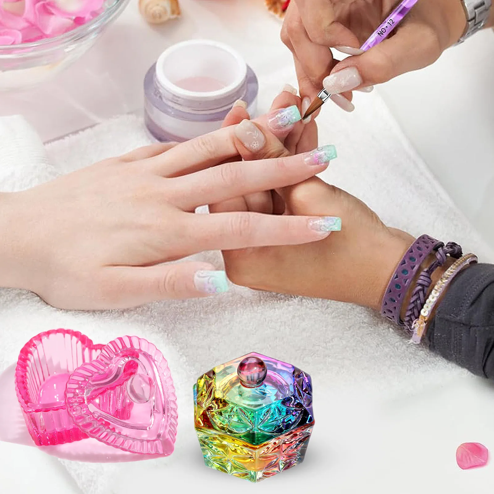 Glass Acrylic Powder Liquid Nail Crystal Cup With Lid Aurora Colorful Dappen Bowl Cup Holder Container Equipment Nail Art Tools