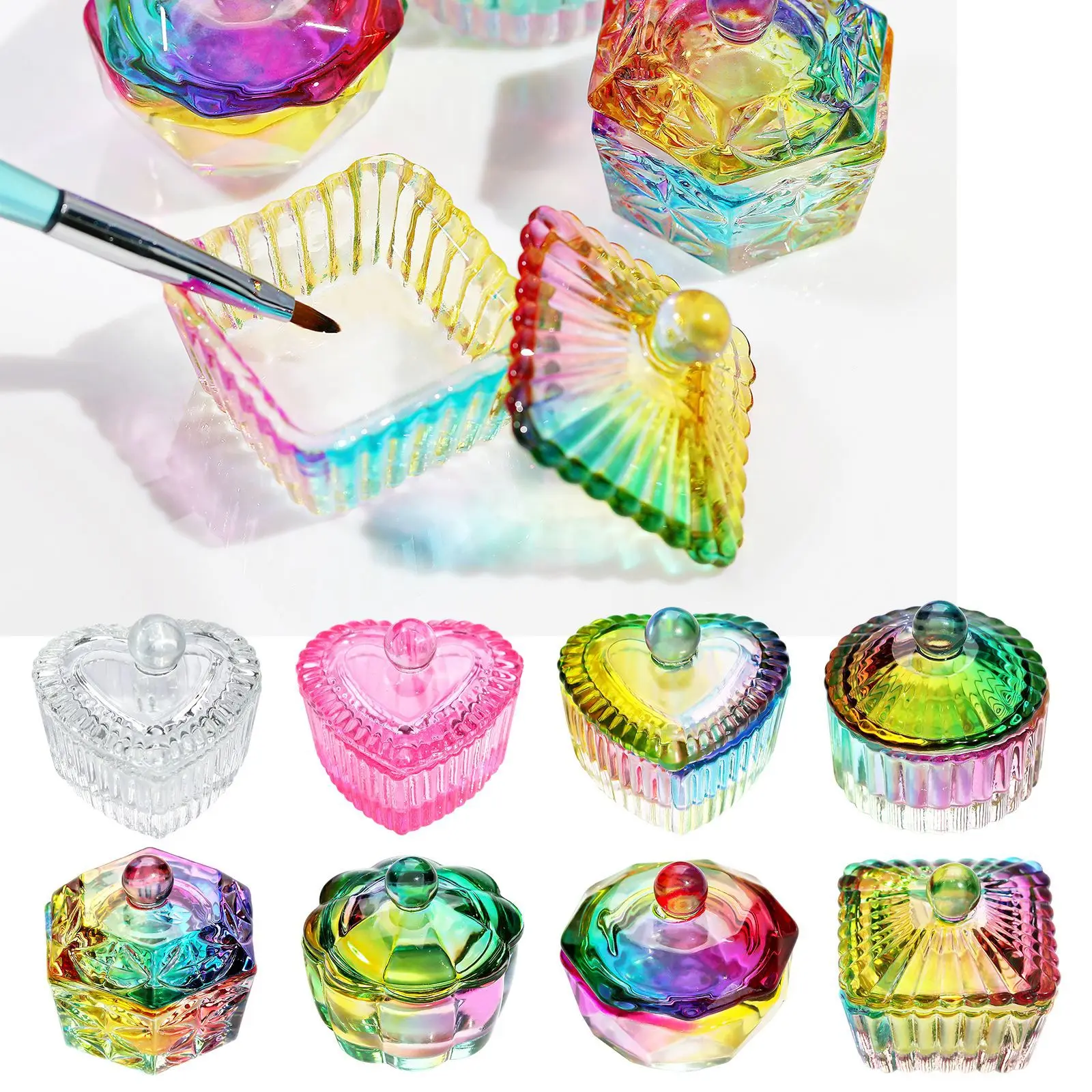 Glass Acrylic Powder Liquid Nail Crystal Cup With Lid Aurora Colorful Dappen Bowl Cup Holder Container Equipment Nail Art Tools