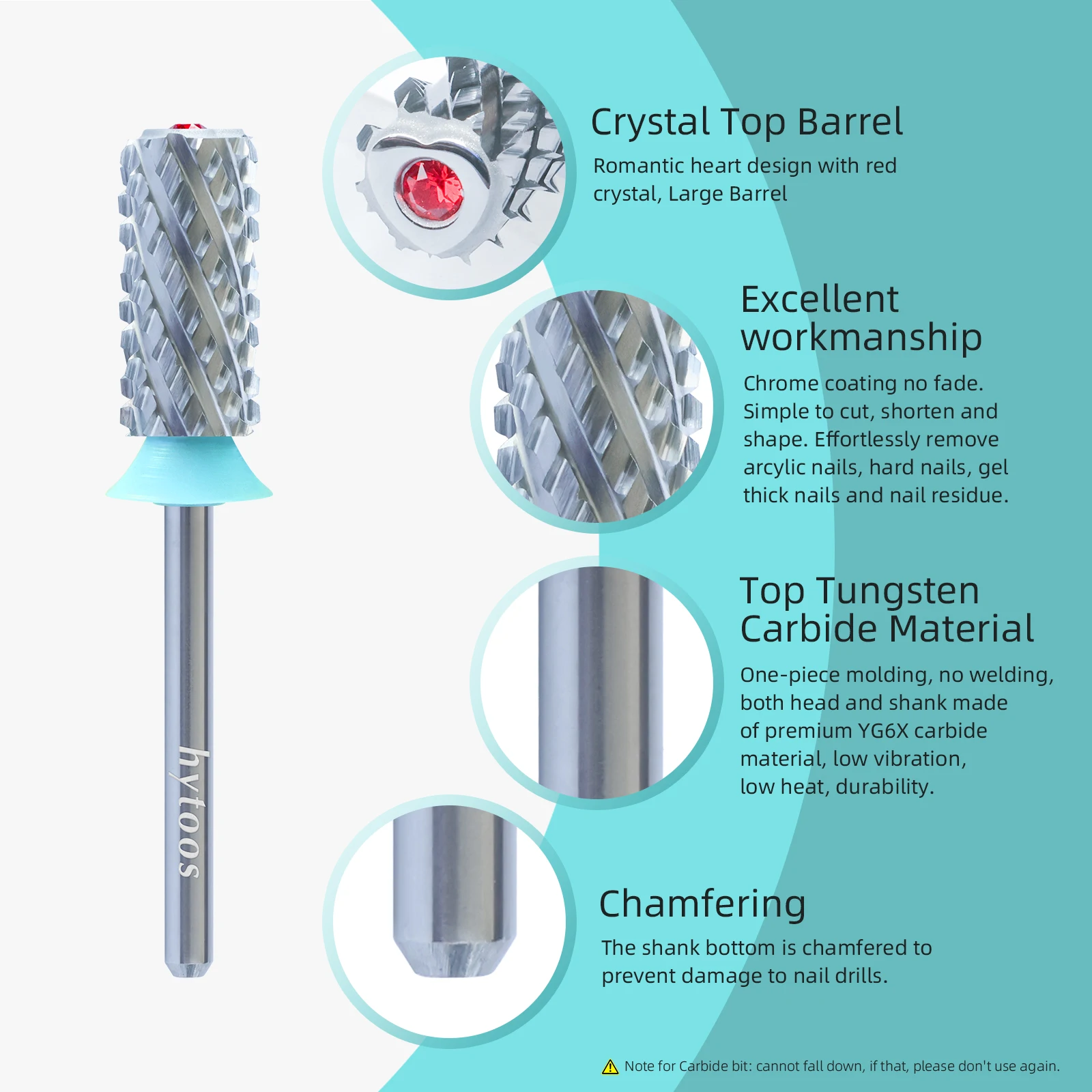 HYTOOS Tungsten Carbide Acrylic Nail Drill Bit Chrome 6.6mm Crystal Top Barrel Nail Bits 2 Way Manicure efile Art Remove Gel
