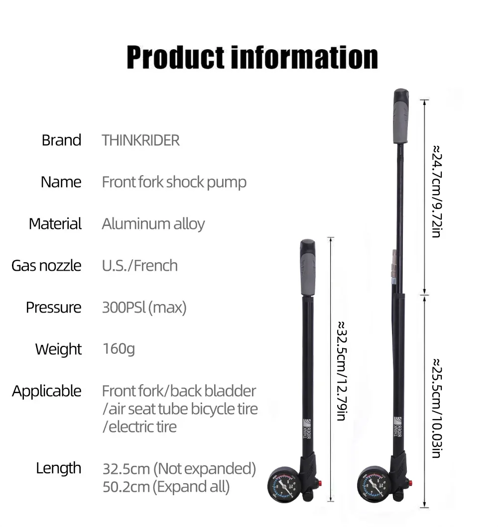 ThinkRider Portable High-pressure 300psi Bike Air Pump with Gauge for Fork & Rear Suspension Shock Absorber Mountain Bicycle