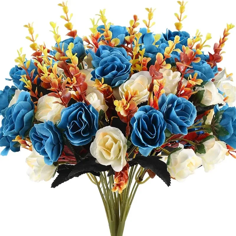 12 Heads Rose Artificial Flowers Fake Two Color Flowers with Stems Faux Roses Flower Bouquets Home Wedding Christmas Party Decor