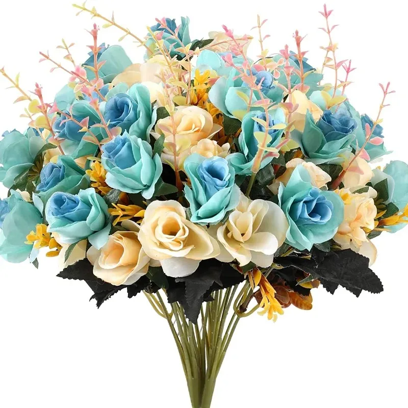 12 Heads Rose Artificial Flowers Fake Two Color Flowers with Stems Faux Roses Flower Bouquets Home Wedding Christmas Party Decor