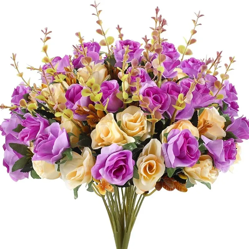12 Heads Rose Artificial Flowers Fake Two Color Flowers with Stems Faux Roses Flower Bouquets Home Wedding Christmas Party Decor